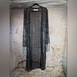 Southern fried chics XL Black Sequin Long Cardigan with Fringe C14